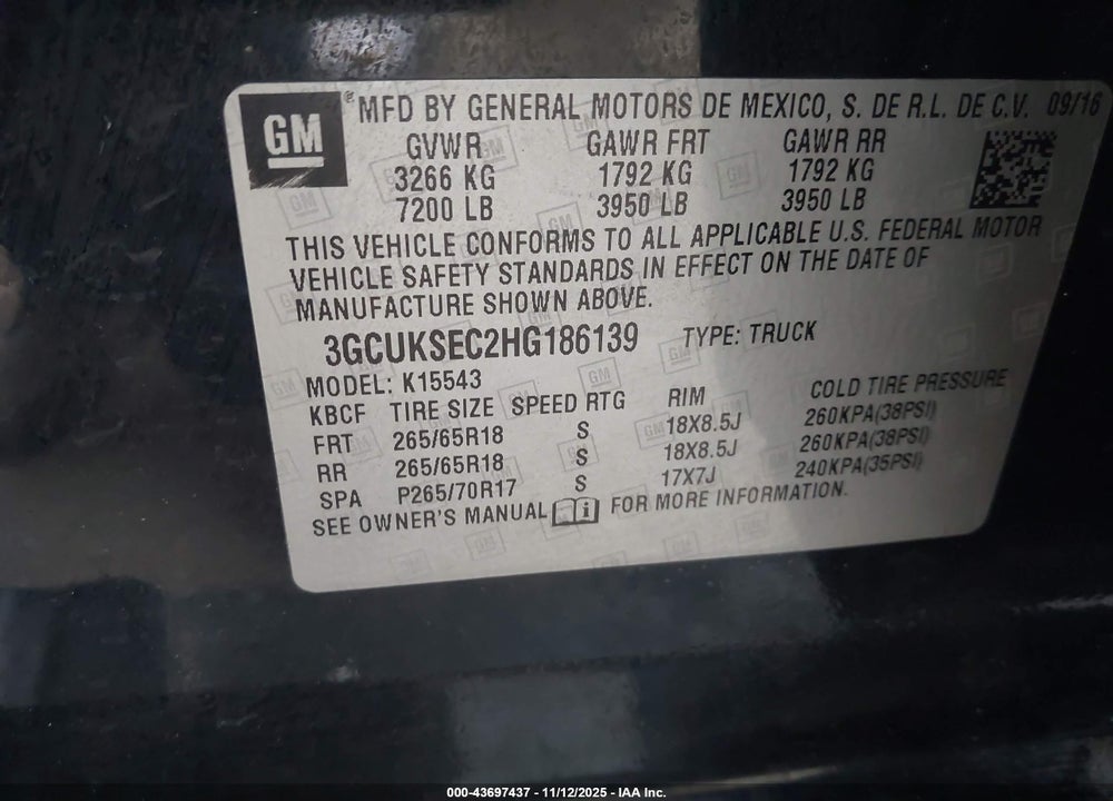 2017 CHEVROLET SILVERADO 1500 2LZ VIN: 3GCUKSEC2HG186139