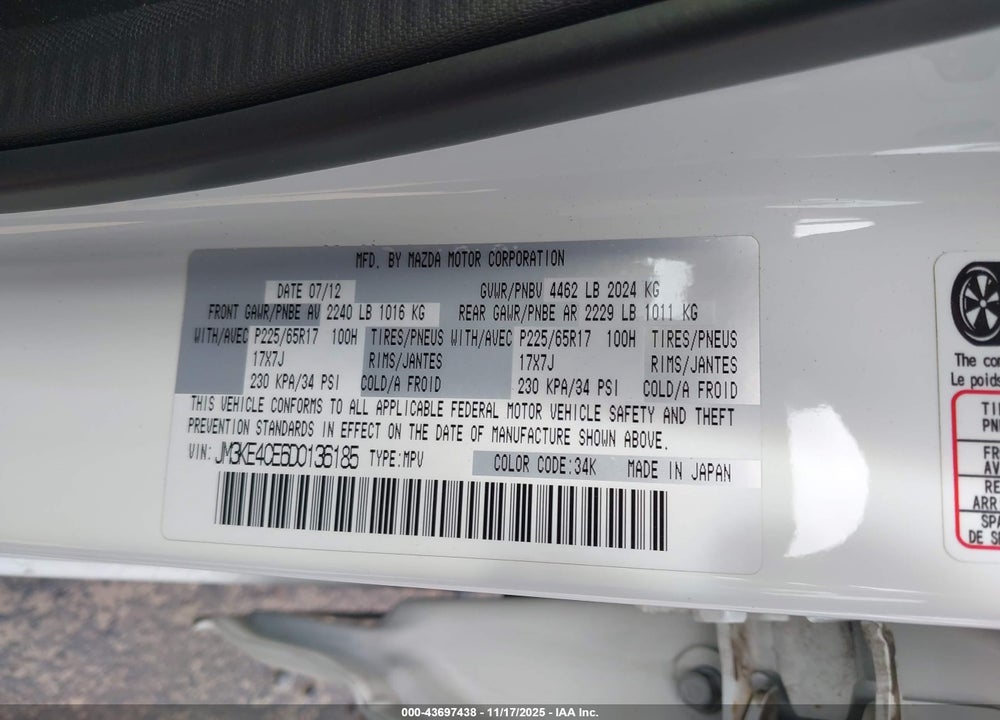 2013 MAZDA CX-5 TOURING VIN: JM3KE4CE6D0136185