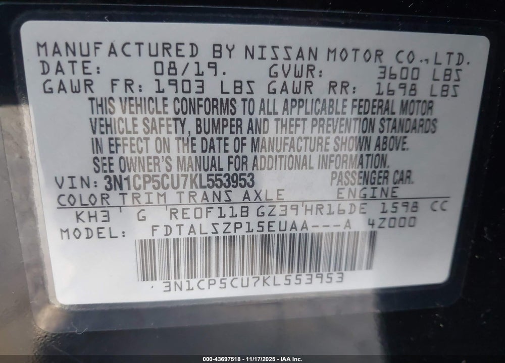 2019 NISSAN KICKS SV VIN: 3N1CP5CU7KL553953