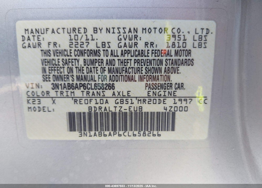2012 NISSAN SENTRA 2.0 SR VIN: 3N1AB6AP6CL658266