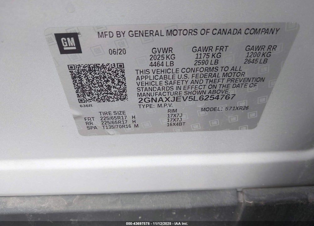 2020 CHEVROLET EQUINOX VIN: 2GNAXJEV5L6254767