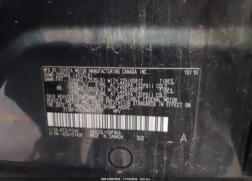 2011 TOYOTA RAV4 VIN: 2T3BF4DV2BW093137