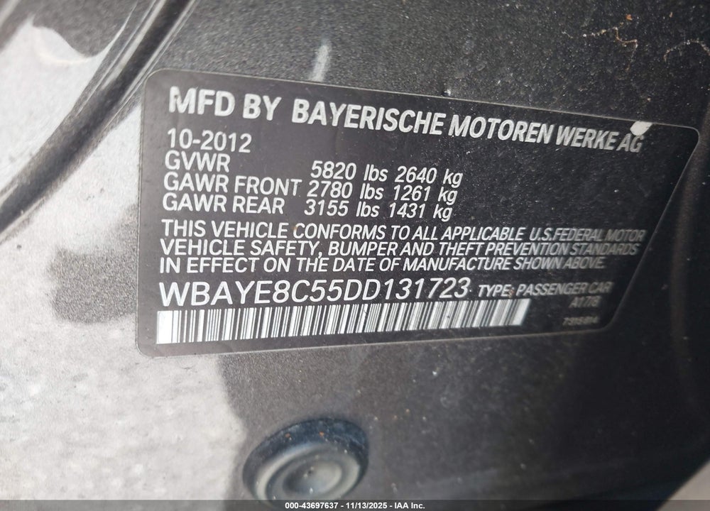 2013 BMW 750LI VIN: WBAYE8C55DD131723