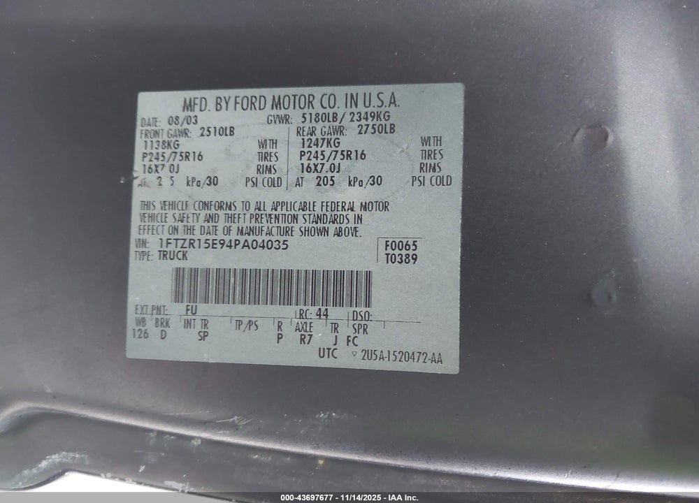 2004 FORD RANGER XLT VIN: 1FTZR15E94PA04035