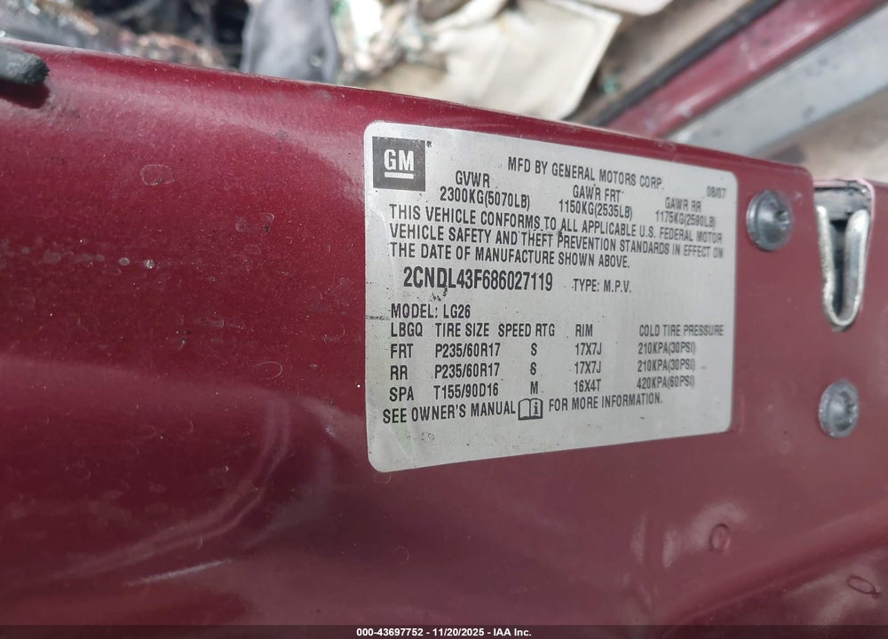 2008 CHEVROLET EQUINOX LT VIN: 2CNDL43F686027119