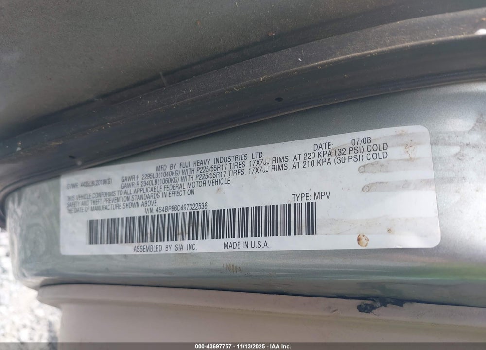 2009 SUBARU OUTBACK 2.5I LIMITED VIN: 4S4BP66C497322536