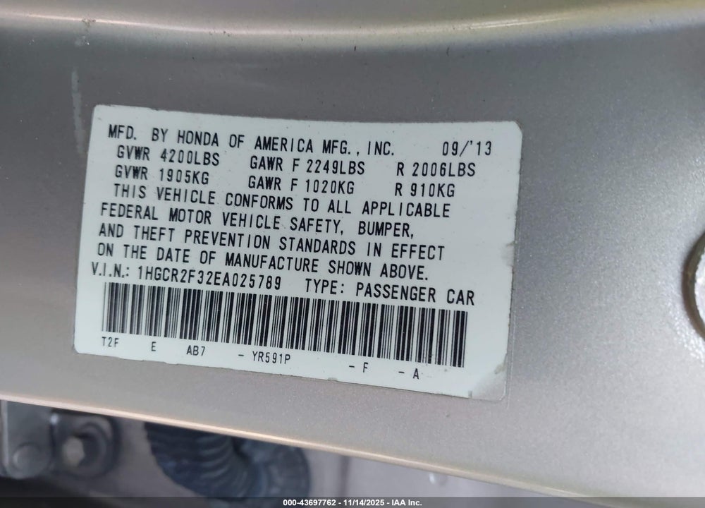 2014 HONDA ACCORD LX VIN: 1HGCR2F32EA025789