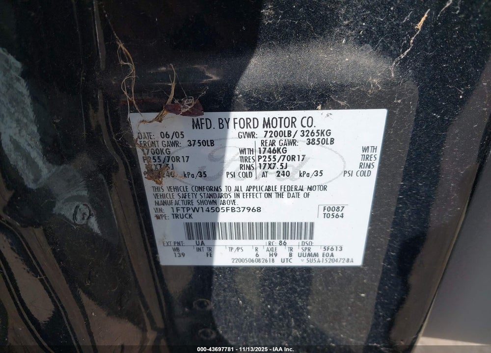 2005 FORD F-150 FX4/LARIAT/XLT VIN: 1FTPW14505FB37968