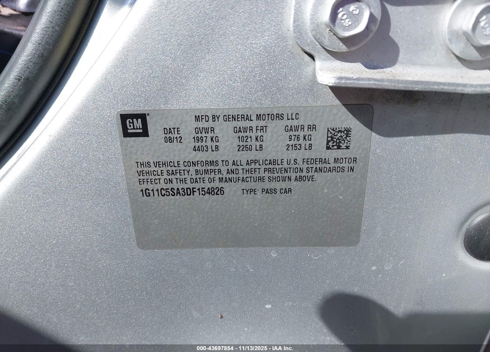 2013 CHEVROLET MALIBU 1LT VIN: 1G11C5SA3DF154826