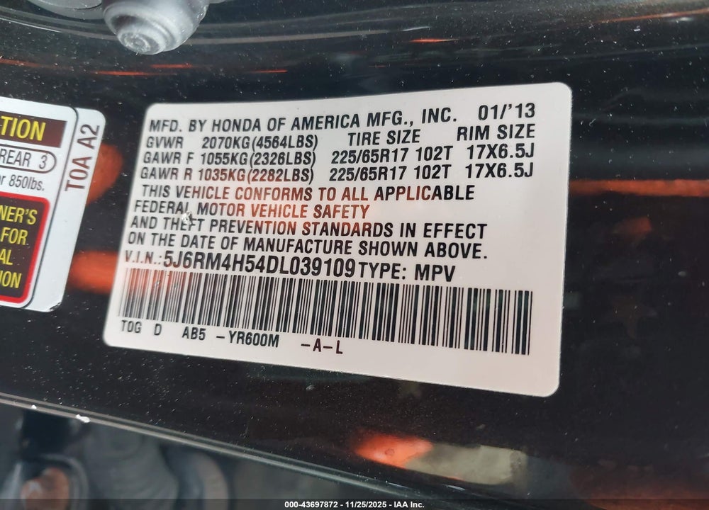 2013 HONDA CR-V VIN: 5J6RM4H54DL039109