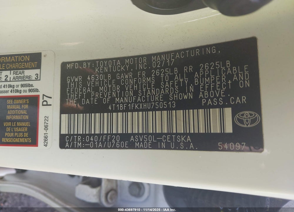 2017 TOYOTA CAMRY SE VIN: 4T1BF1FKXHU750513