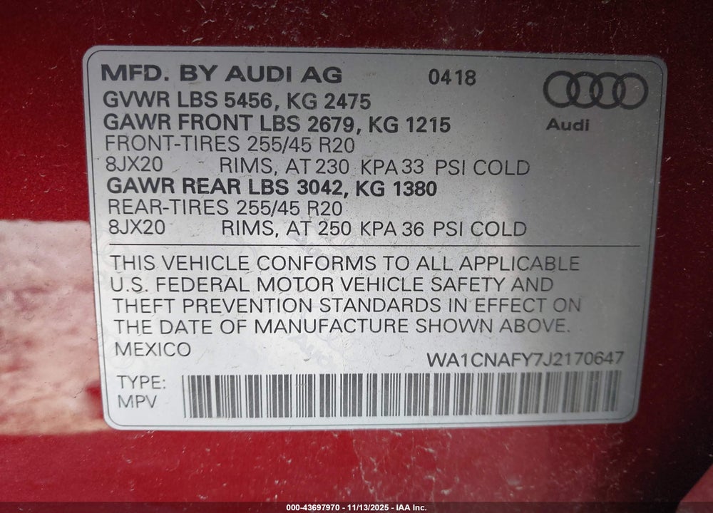 2018 AUDI Q5 2.0T PREMIUM/2.0T TECH PREMIUM VIN: WA1CNAFY7J2170647