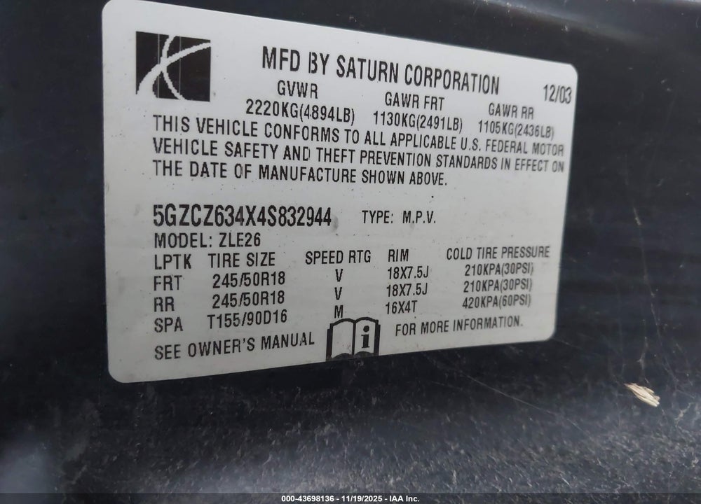 2004 SATURN VUE V6 VIN: 5GZCZ634X4S832944