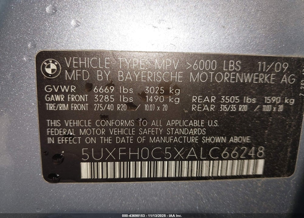2010 BMW ACTIVEHYBRID X6 VIN: 5UXFH0C5XALC66248