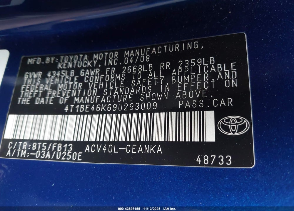 2009 TOYOTA CAMRY LE VIN: 4T1BE46K69U293009
