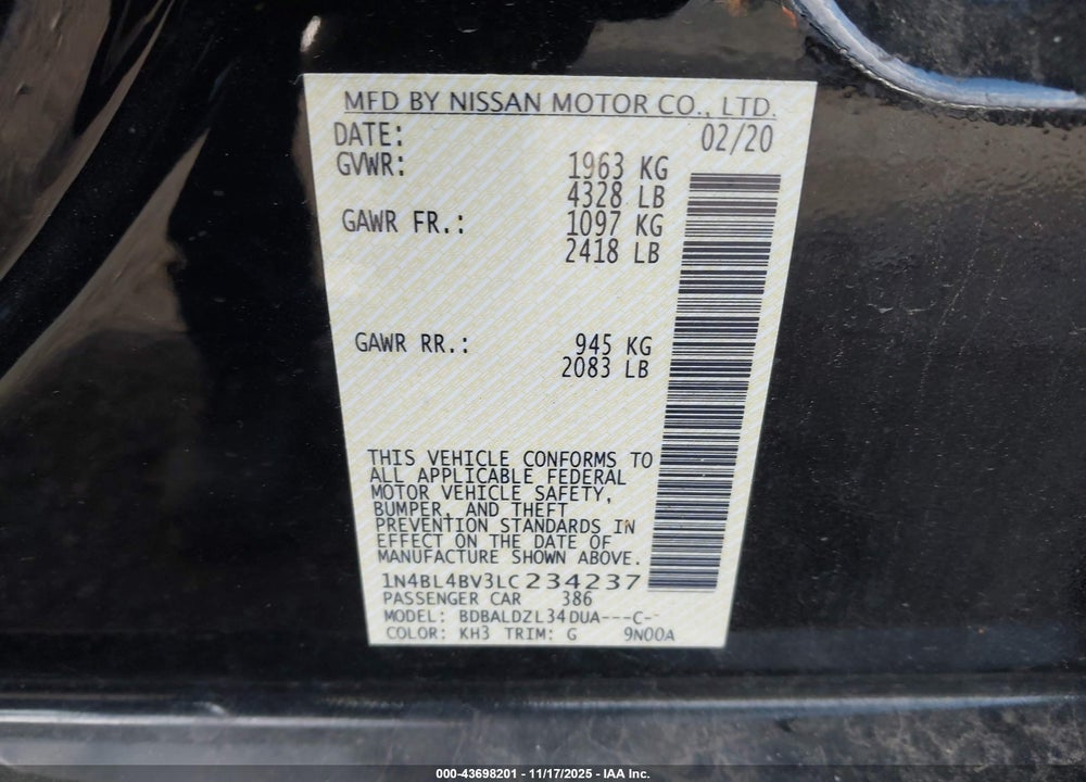 2020 NISSAN ALTIMA S FWD VIN: 1N4BL4BV3LC234237