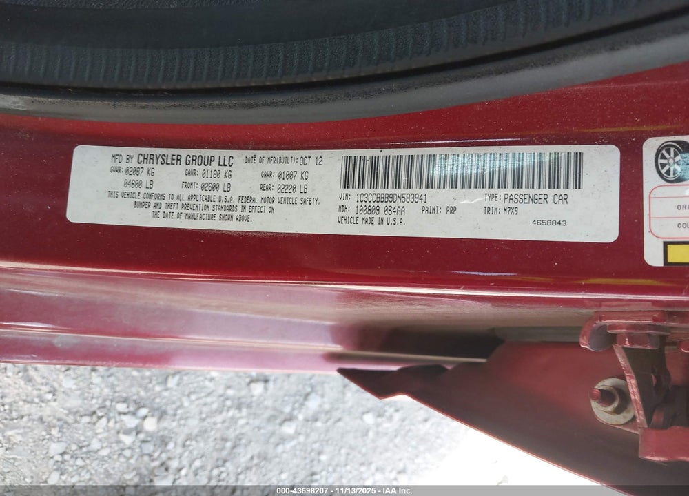 2013 CHRYSLER 200 TOURING VIN: 1C3CCBBB9DN583941