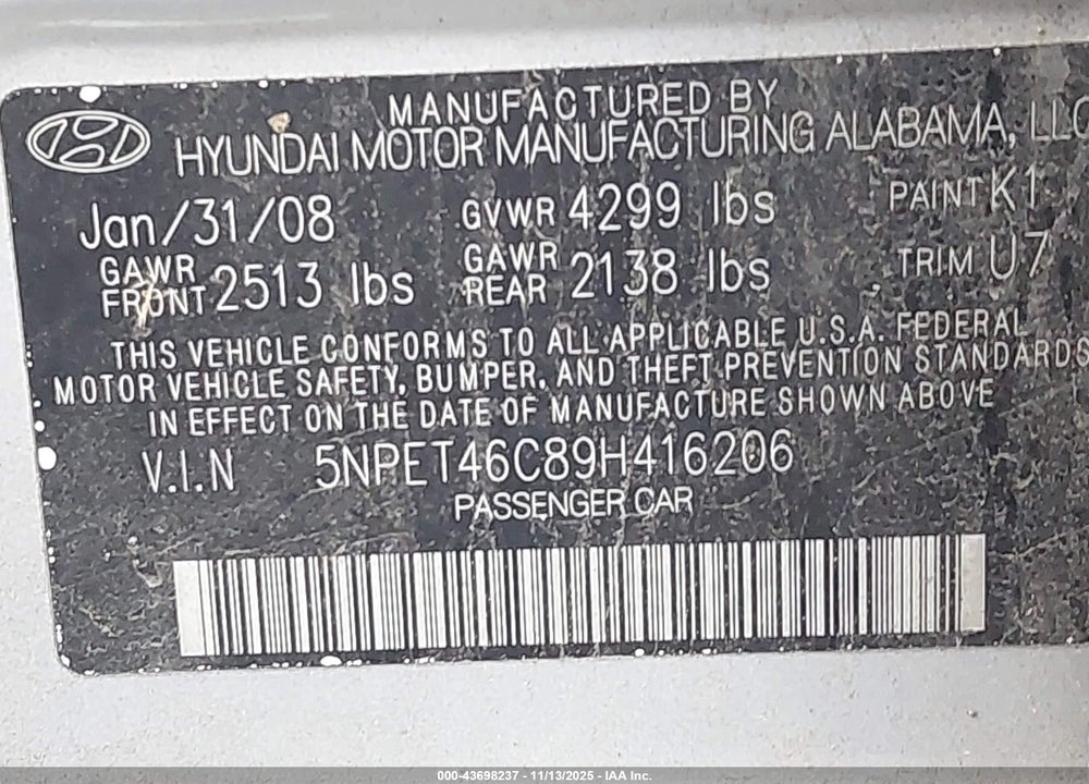 2009 HYUNDAI SONATA GLS VIN: 5NPET46C89H416206