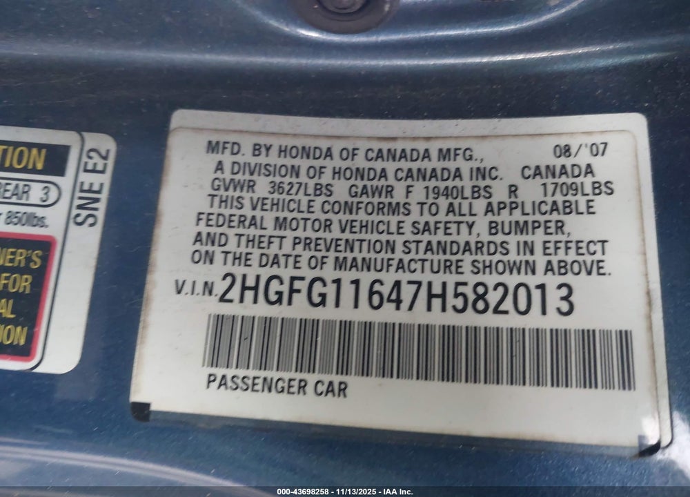 2007 HONDA CIVIC VIN: 2HGFG11647H582013