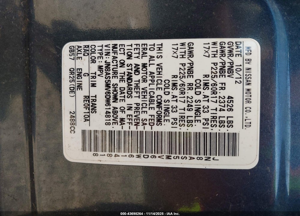 2013 NISSAN ROGUE SV VIN: JN8AS5MV6DW614818