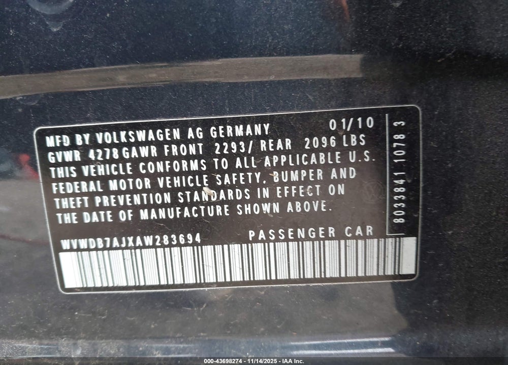 2010 VOLKSWAGEN GOLF 4-DOOR VIN: WVWDB7AJXAW283694