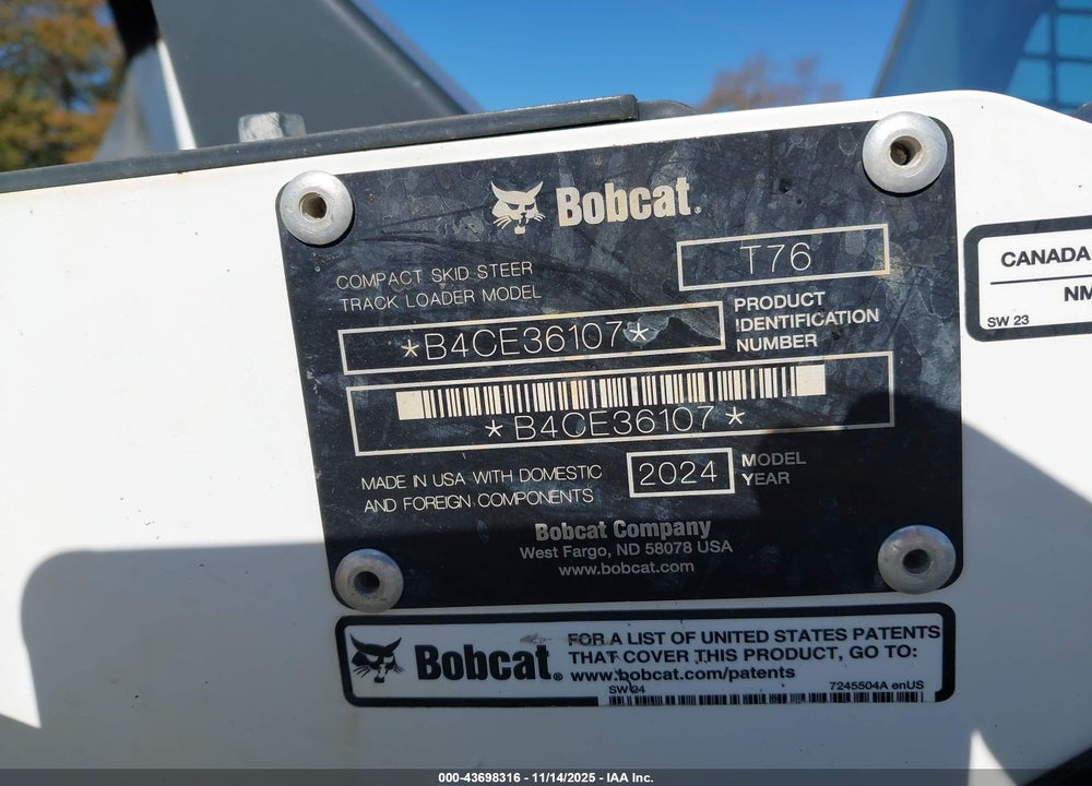 2024 BOBCAT T76 VIN: B4CE36107
