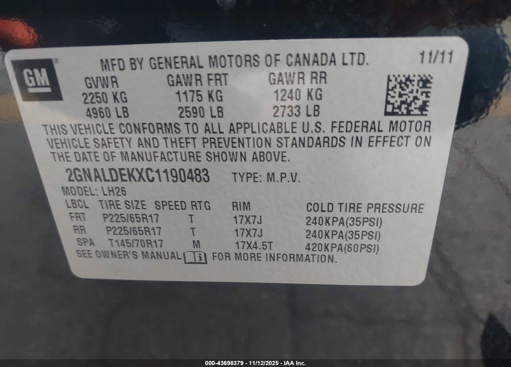 2012 CHEVROLET EQUINOX VIN: 2GNALDEKXC1190483