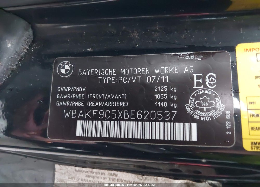 2011 BMW 335I XDRIVE VIN: WBAKF9C5XBE620537