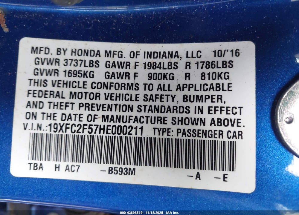 2017 HONDA CIVIC LX VIN: 19XFC2F57HE000211