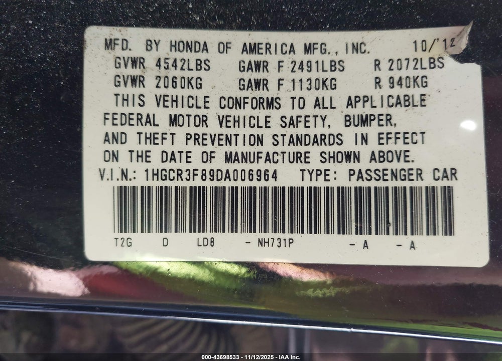 2013 HONDA ACCORD EX-L V-6 VIN: 1HGCR3F89DA006964