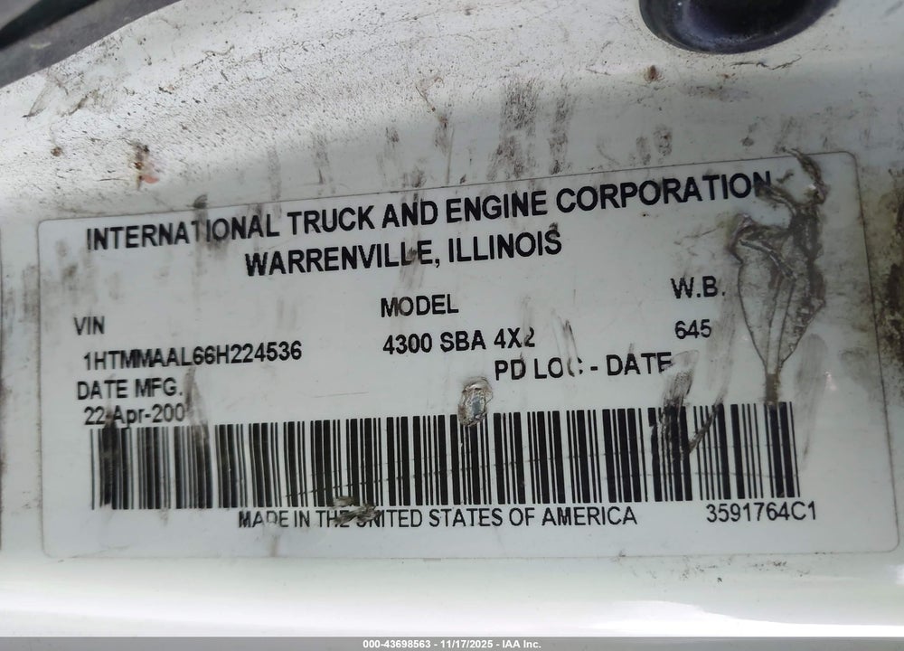 2006 INTERNATIONAL 4000 4300 VIN: 1HTMMAAL66H224536