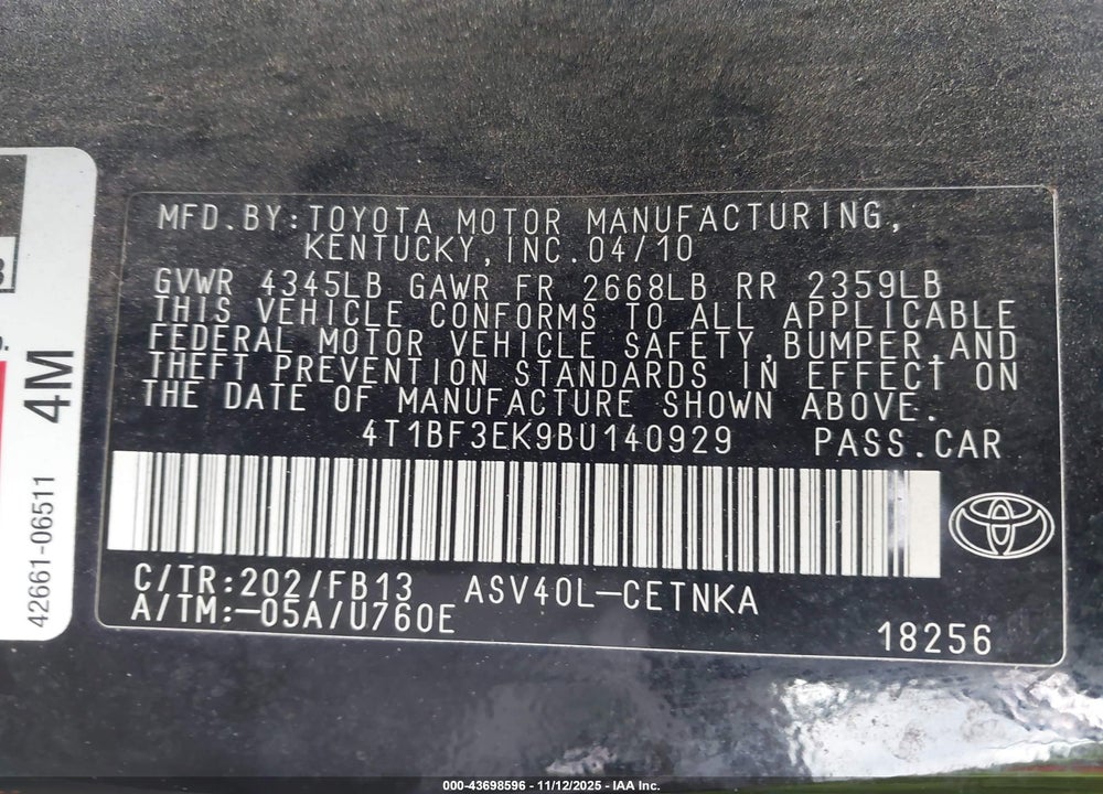 2011 TOYOTA CAMRY LE VIN: 4T1BF3EK9BU140929