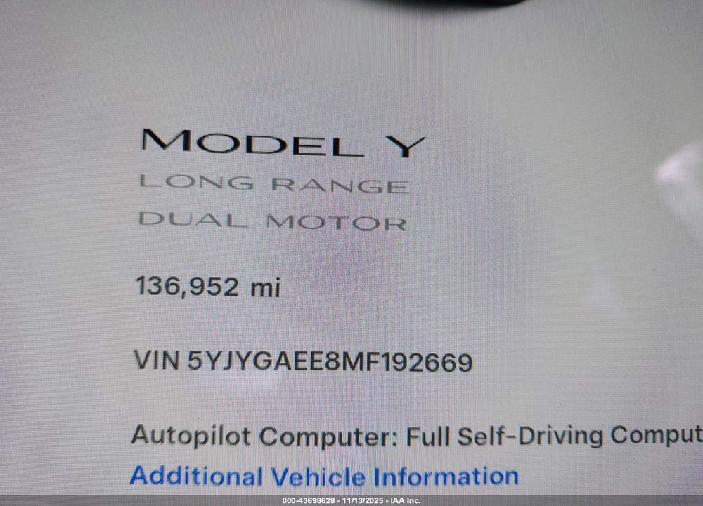 2021 TESLA MODEL Y LONG RANGE DUAL MOTOR ALL-WHEEL DRIVE VIN: 5YJYGAEE8MF192669