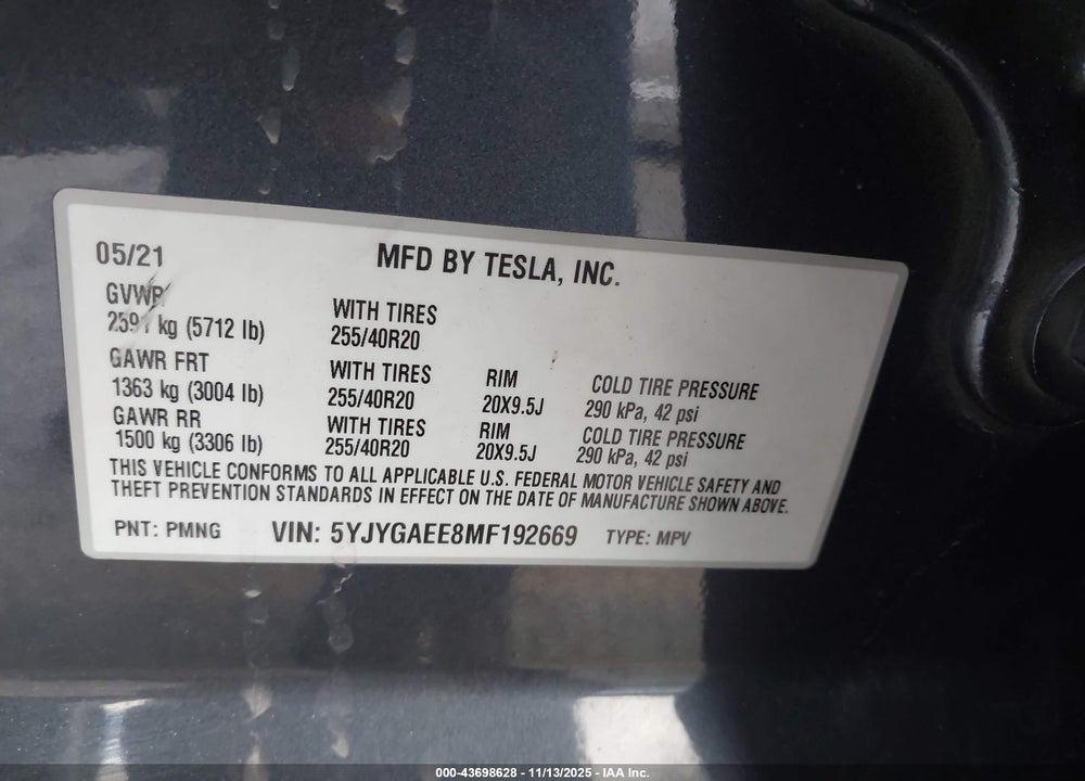 2021 TESLA MODEL Y LONG RANGE DUAL MOTOR ALL-WHEEL DRIVE VIN: 5YJYGAEE8MF192669