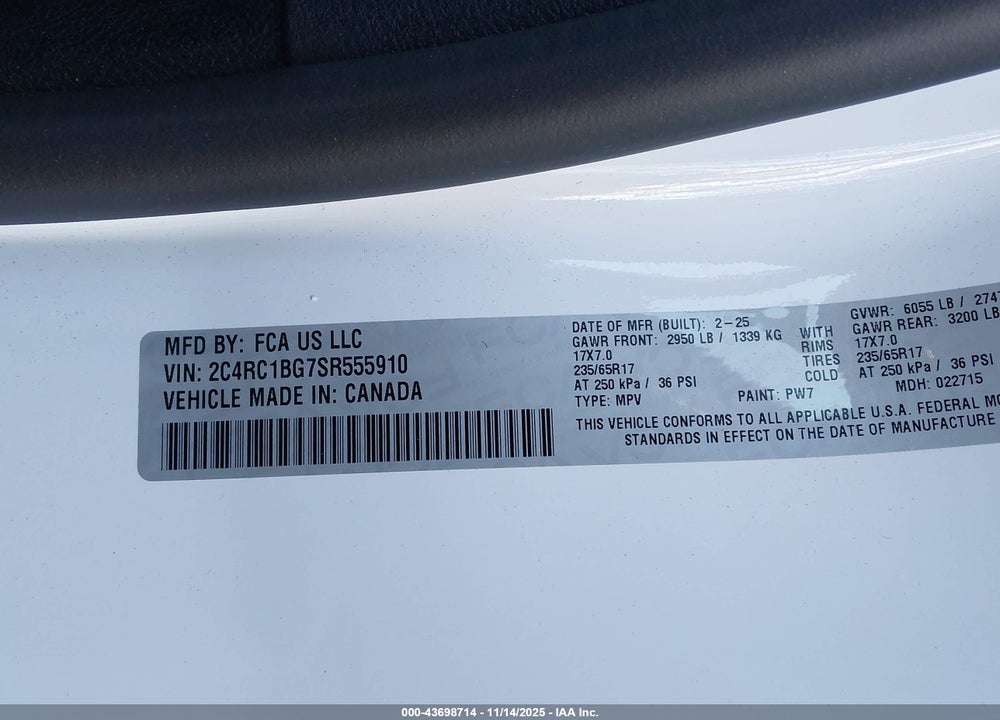2025 CHRYSLER PACIFICA SELECT VIN: 2C4RC1BG7SR555910