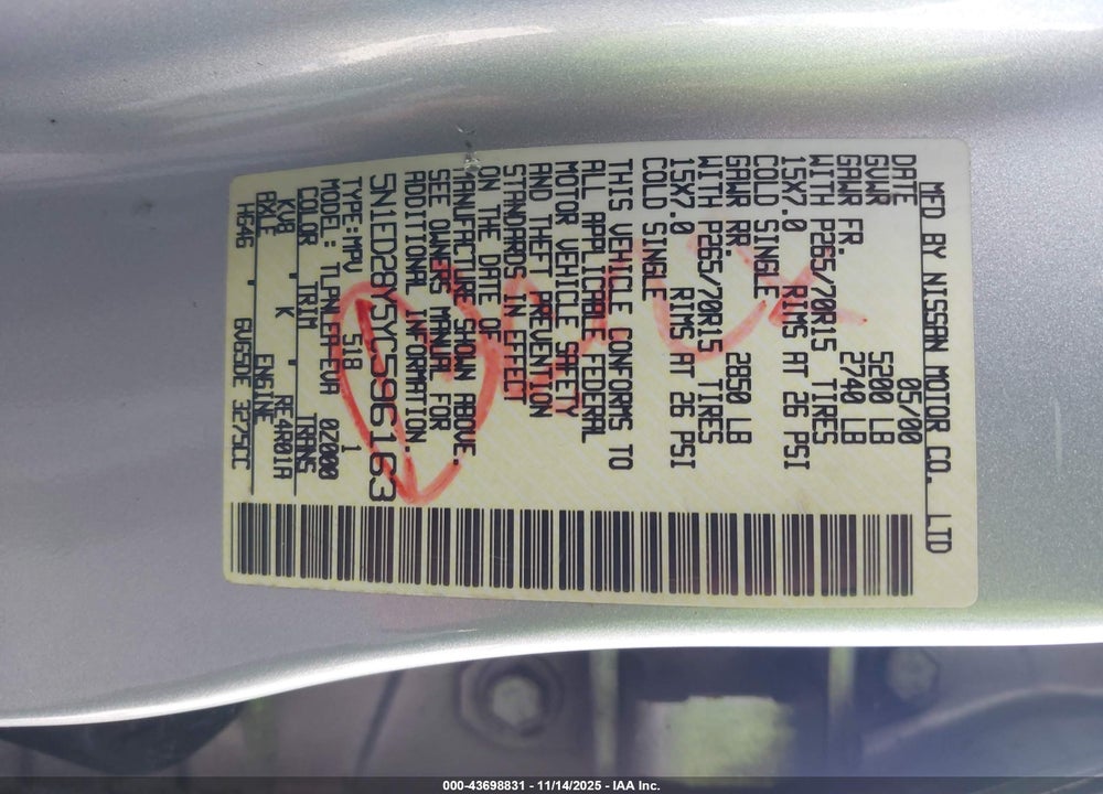 2000 NISSAN XTERRA SE/XE VIN: 5N1ED28Y5YC596163