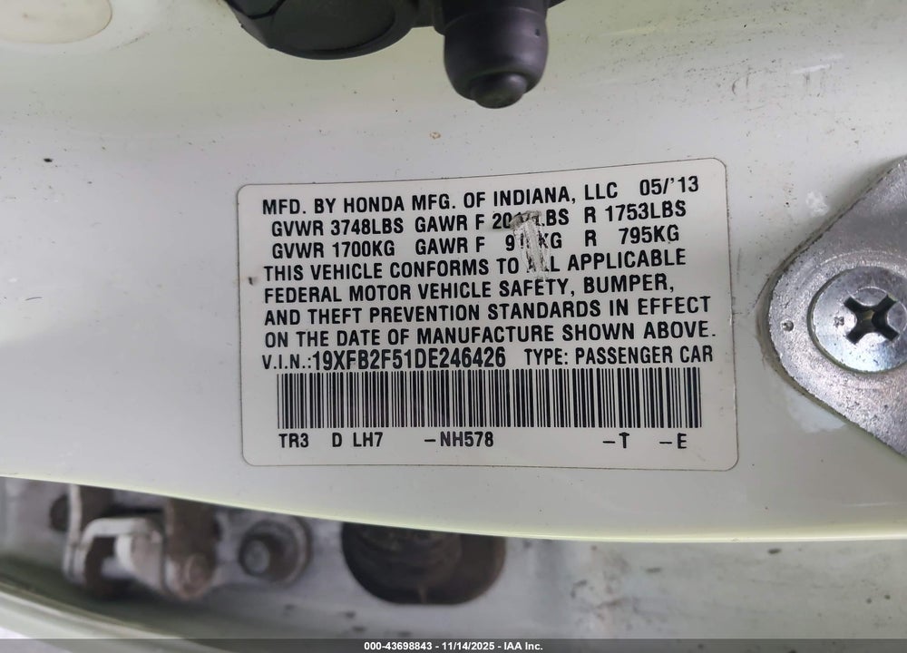 2013 HONDA CIVIC LX VIN: 19XFB2F51DE246426