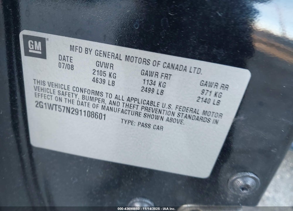 2009 CHEVROLET IMPALA LT VIN: 2G1WT57N291108601