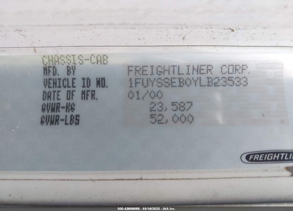 2000 FREIGHTLINER CONVENTIONAL FLC120 VIN: 1FUYSSEB0YLB23533