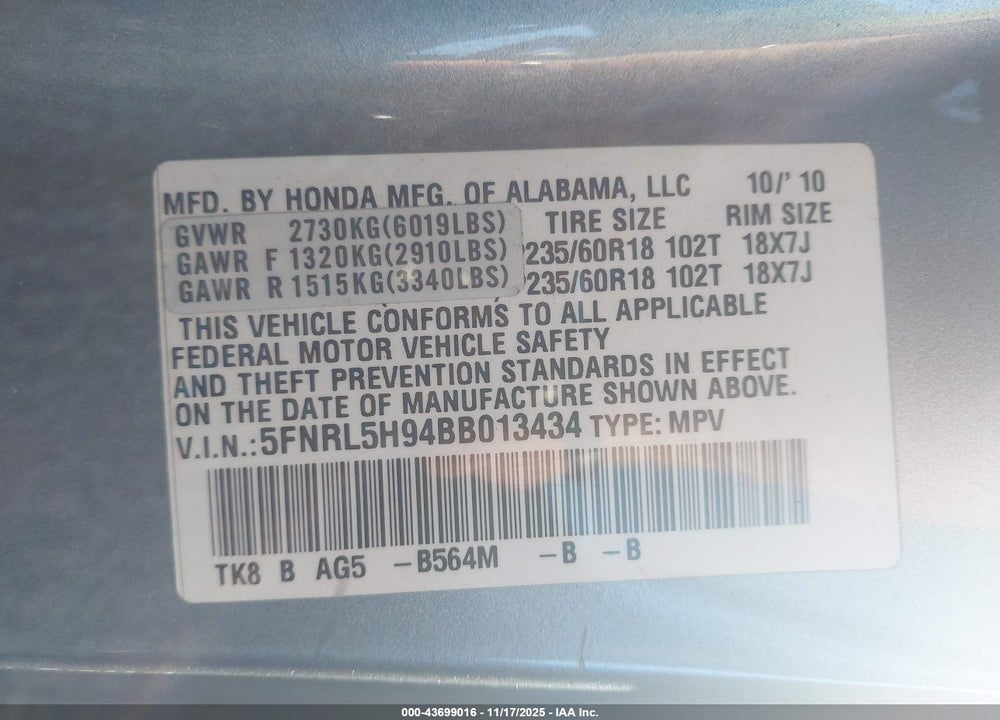 2011 HONDA ODYSSEY TOURING/TOURING ELITE VIN: 5FNRL5H94BB013434