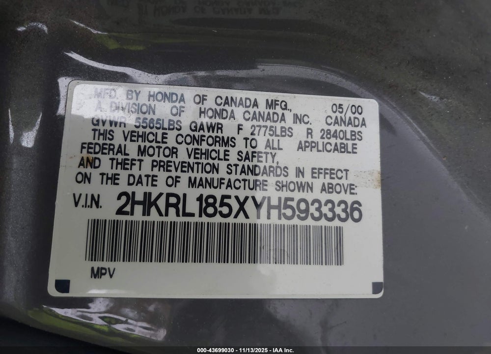 2000 HONDA ODYSSEY LX VIN: 2HKRL185XYH593336