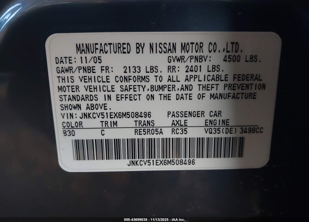2006 INFINITI G35 VIN: JNKCV51EX6M508496