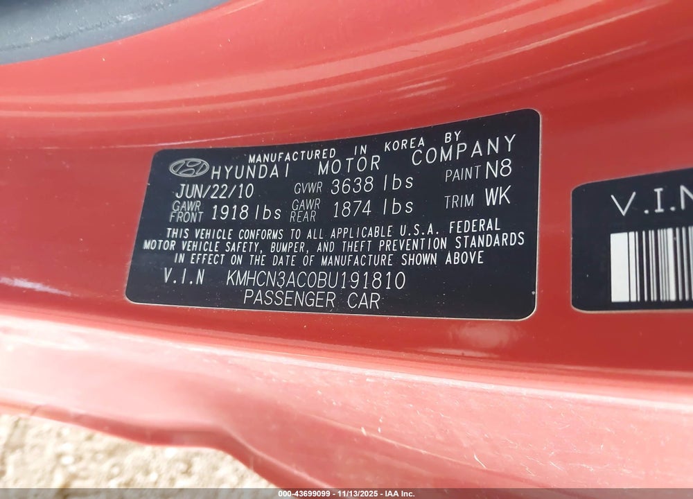 2011 HYUNDAI ACCENT SE VIN: KMHCN3AC0BU191810