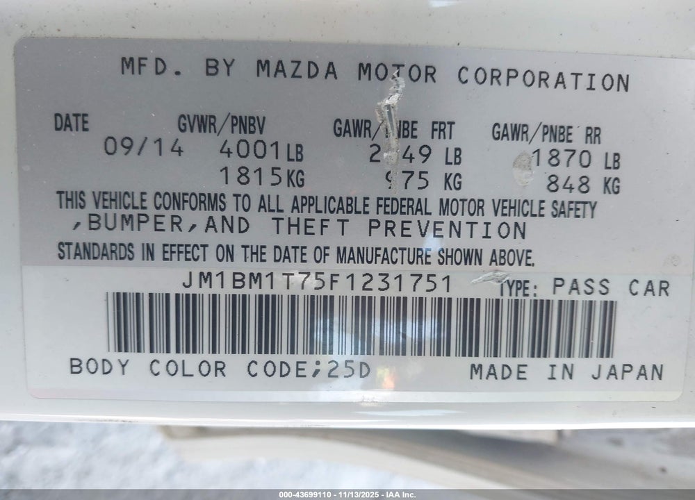 2015 MAZDA 3 I SV VIN: JM1BM1T75F1231751