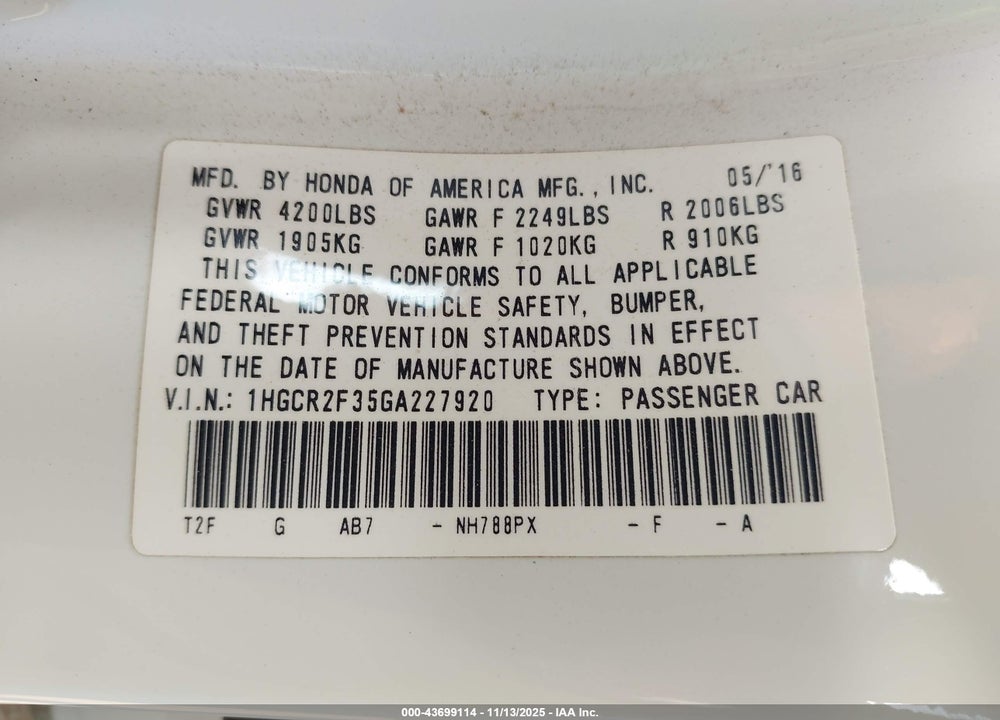 2016 HONDA ACCORD LX VIN: 1HGCR2F35GA227920
