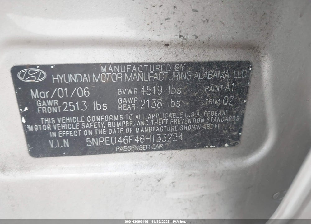 2006 HYUNDAI SONATA GLS V6/LX V6 VIN: 5NPEU46F46H133224
