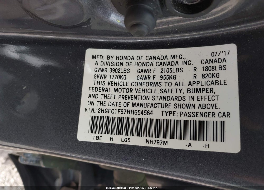 2017 HONDA CIVIC TOURING VIN: 2HGFC1F97HH654564