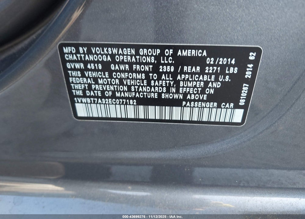 2014 VOLKSWAGEN PASSAT VIN: 1VWBT7A32EC077182