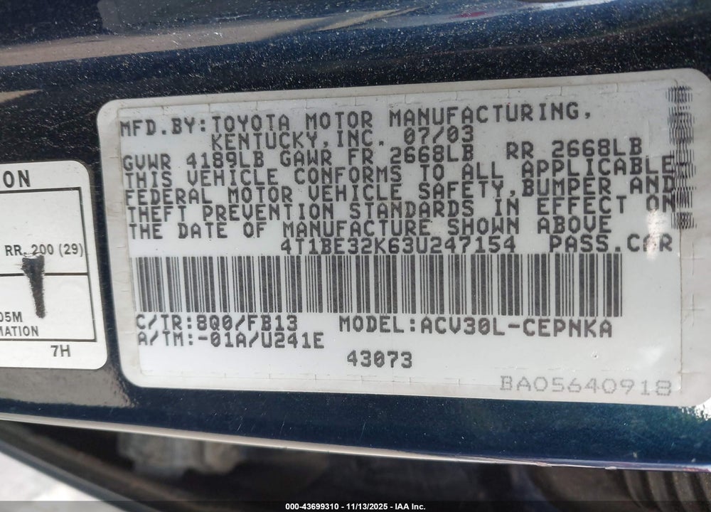 2003 TOYOTA CAMRY LE VIN: 4T1BE32K63U247154
