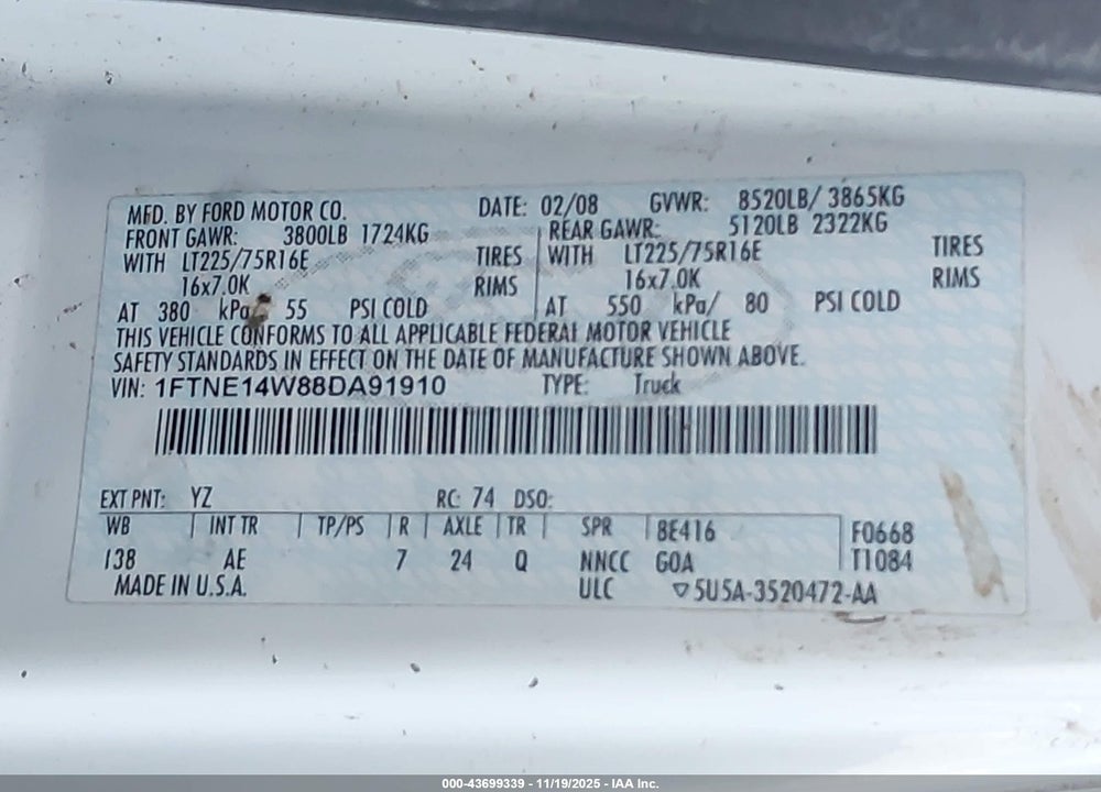 2008 FORD E-150 COMMERCIAL/RECREATIONAL VIN: 1FTNE14W88DA91910